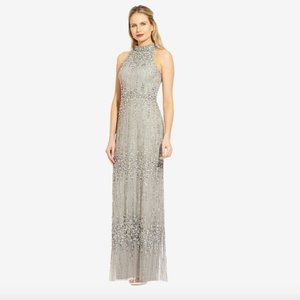 Adrianna Papell Beaded Column Gown with Mock Neckline in Blue Mist (Size 4P)